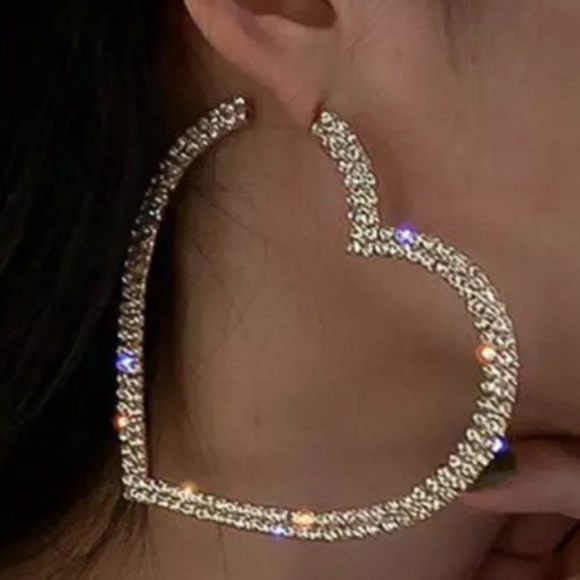 Heart hoop earrings rhinestone crystal silver diamond sparkly sexy cute y2k - Picture 5 of 5
